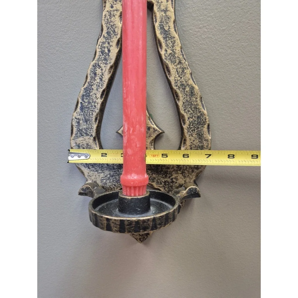 Vintage Gothic Cast Metal Wall Sconce Candle Holder Fleur De Lis Gold Black 17